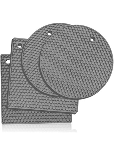 Premium Silicone Trivet Mats: 4 Multi-purpose Pot Holder, Oven Mitts &amp; Hot Pads &ldquo; Heat Resistant, Non-slip Jar Opener, Gripper Pad, Garlic Peeler, Drying Mat, Coaster - Heavy-Duty (Light Gray)