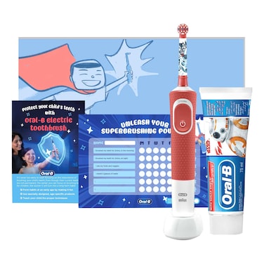 Oral-B Star Wars Themed Rechargeable Kids Extra Soft Electric Toothbrush D100SW Red, 3 Years+ with Sugar Free Toothpaste, 75ml