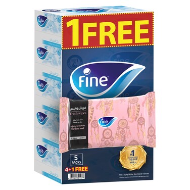 فاين علبة مناديل وجه (5 عبوات × 170 ورقة × طبقتين) + مناديل منعشة (20 مناديل)