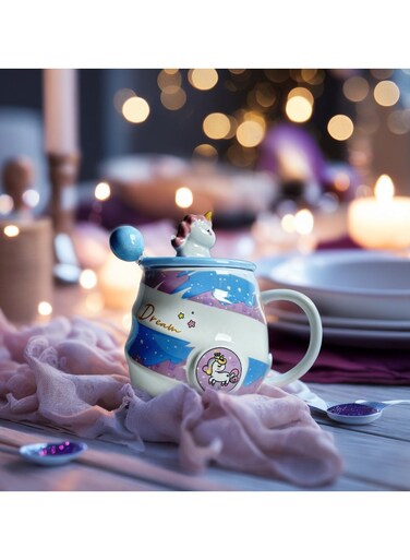 Unicorn Coffee Mug - Ceramic-High Temperature Resistant -Includes Lid and Coffee Spoon-Birthday Gift, Couples Mug, Company/Festival Gift Exchange -Blue- 450 ml