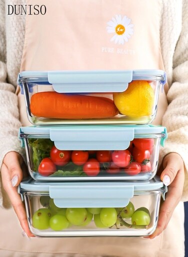 3 Pieces Glass Kitchen Meal Preparation Container, 410ml, 680ml, 1040ml With Durable Lock Lid, Food Preparation Container, Children's And Adult Glass Bento Boxes, Bento Lunch Boxes