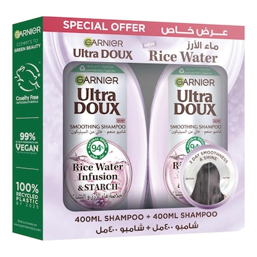 Garnier Ultra Doux Rice Water Infusion and Starch Smoothing Shampoo 400ml Pack of 2