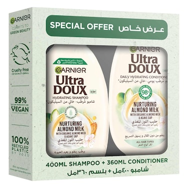 Garnier Ultra Doux Nurturing Almond Milk and Agave Sap Hydrating Shampoo and Ultra Doux Nurturing Almond Milk and Agave Sap Hydrating Conditioner 400ml+360ml