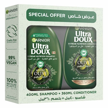 غارنييه أولترا دو شامبو زيت الزيتون الأسطوري للتغذية المكثفة وبلسم زيت الزيتون الأسطوري للتغذية المكثفة 400 ملل + 360 ملل