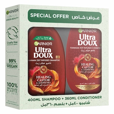 Garnier Ultra Doux Healing Castor and Almond Oils Hammam Zeit Infused Shampoo and Ultra Doux Healing Castor and Almond Oils Hammam Zeit Infused Conditioner 400ml+360ml