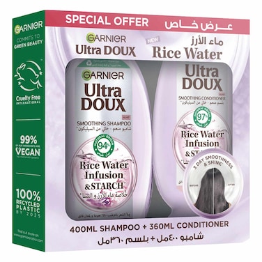 Garnier Ultra Doux Rice Water Infusion and Starch Smoothing Shampoo and Ultra Doux Rice Water Infusion and Starch Smoothing Conditioner 400ml+360ml