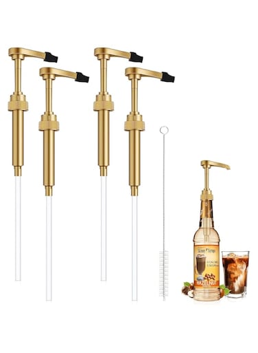 Coffee Syrup Pump, 4 Pcs Syrup Pump with Tip Cover Fits 25.4 Oz/750ml Coffee Flavoring Syrup Bottles, Reusable Coffee Pump Dispenser for Coffee Bar Beverage, Tea, Vanilla Syrup, Cocktails (Gold)