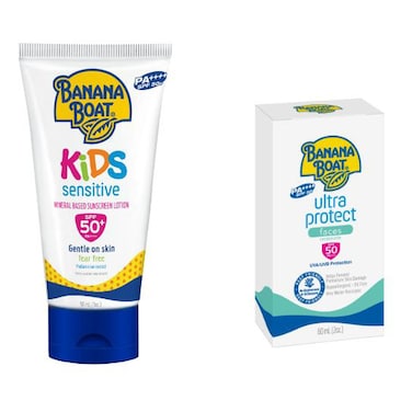 Banana Boat Kids Sensitive Sunscreen Lotion SPF50+ and Ultra Protect Faces Sunscreen Lotion SPF50 90ml+60ml