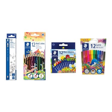 Staedtler Norica Pencils Box Noris Colour Pencils 12 PCS and Wax Crayons 12 PCS with Luna Fibre Tip Pens 12 PCS