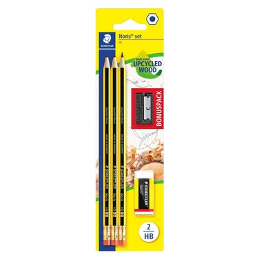 Staedtler Noris Upcycled Wood Pencil 3 PCS and Sharpener with Eraser