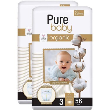 بيور بايبي حفاض أطفال من القطن العضوي   مقاس متوسط ​​3 من 4 إلى 10 كغ، 56 حفاض حزمة من 2