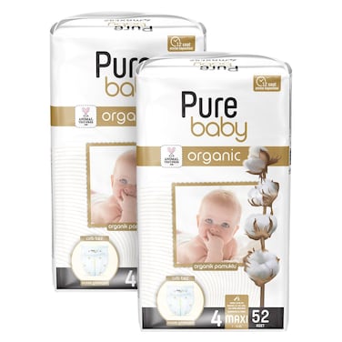 Purebaby Organic Cotton Baby Diapers Maxi Size 4 7-16kg 52 Diapers Pack of 2