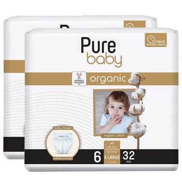 بيور بايبي حفاض أطفال من القطن العضوي  مقاس كبير جدًا 6 15-27 كغ  32 حفاض حزمة من 2