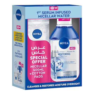 NIVEA Micellar Water Restoring Makeup Remover 400ml with Cotton Pads