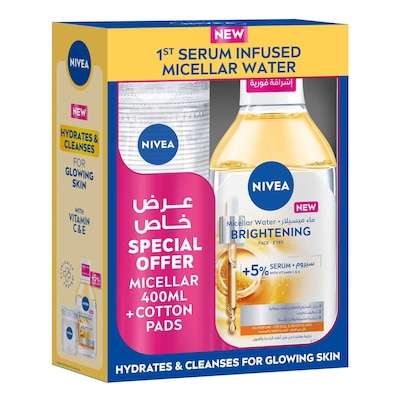 NIVEA Micellar Water Brightening Makeup Remover 400ml with Cotton Pads
