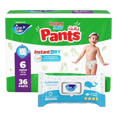 Fine Instant Dry Baby Pants, Size 6 (15 kg +), 36 Pants + Baby Water Wipes (72 Wipes)