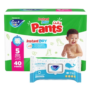 Fine Instant Dry Baby Pants, Size 5 (12-17 kg), 40 Pants + Baby Water Wipes (72 Wipes)