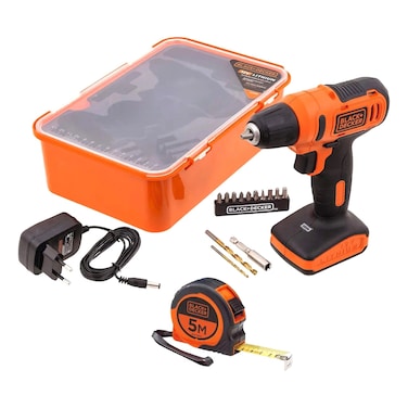 بلاك آند ديكر مثقاب لاسلكي من مع بطارية ليثيوم 12 فولت وشريط 5 متر -  برتقالي وأسود