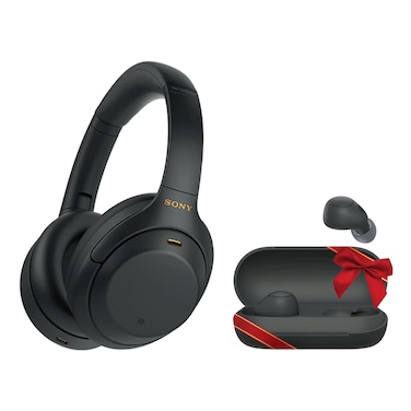 سوني سماعات رأس فوق الأذن لاسلكية بتقنية البلوتوث WH-1000XM4 - أسود، مع سماعات أذن لاسلكية بتقنية بلوتوث مع علبة شحن WFC700N - أسود