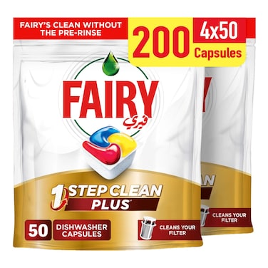 Fairy 1 Step Clean Plus Dishwasher Tablets for Automatic Dishwasher 50 Capsules Pack of 4