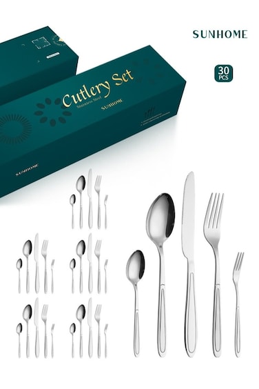 30-Piece Stainless Steel Cutlery Set Kitchen Utensil Set Western Tableware Suitable For Home Kitchen Restaurant Hotel Party Dining Picnic Dining Exquisite Packaging Gift Silver