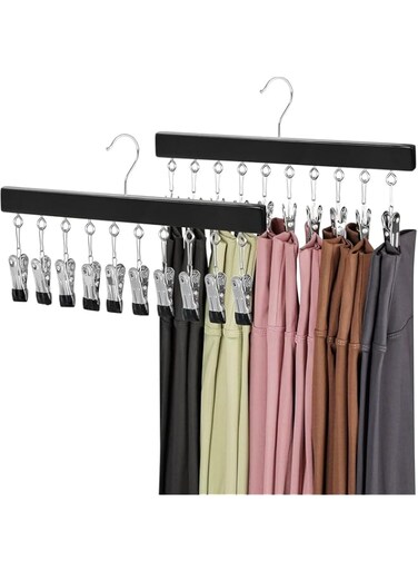 GERRIT Legging Organizer for Closet, 2 Pack Pants Hangers Hat Racks with Clips, Holds 20 Leggings, Hats, Pants, Jeans, Scarves, Hanging Space Saving Holder Closet Organizer (Black)