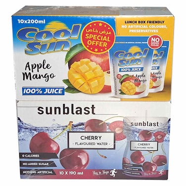 Cool Sun Apple Mango Juice, 200ml, Pack of 10 And Sunblast Cherry Flavoured Water, 190ml, Pack of 10