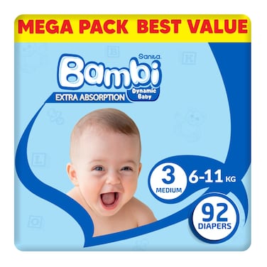 Sanita Bambi Diapers Medium Size 3 6-11kg Mega Pack 92 Diapers