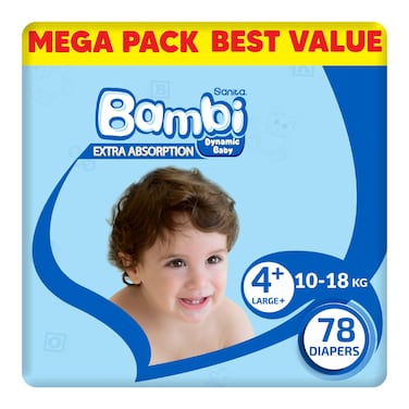 Sanita Bambi Diapers Extra Large Size 4+ 10-18kg Mega Pack 78 Diapers
