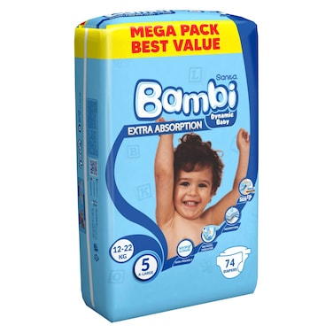 سانيتا بامبي حفاض مقاس كبير 5 للأطفال بوزن 12 إلى 22 كغ حزمة كبيرة من 74 حفاض