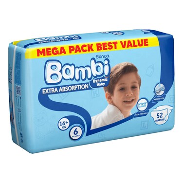 Sanita Bambi Diapers Large Size 6 16kg+ Mega Pack 52 Diapers