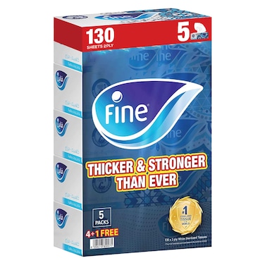 Fine Facial Tissue Boxes, 5 Packs of 130 Sheets x 2 Ply