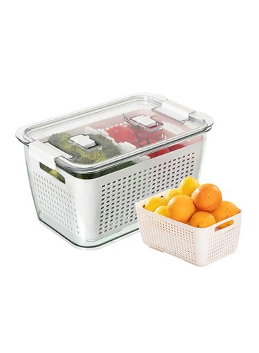 Homesmiths Double Layer Fridge Storage Container, Small, L 14 &times; B 9.5 &times; H 9 cm   BPA-Free Stackable Fruit &amp; Vegetable Basket with Adjustable Vents for Berries, Lettuce, Spinach, Grapes, Meal Prep