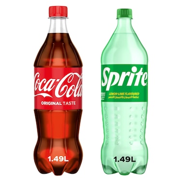 Coca-Cola Original Taste Soft Drink Pet Bottle and Sprite Lemon-Lime Flavoured Soft Drink Pet Bottle 1.49L Pack of 2