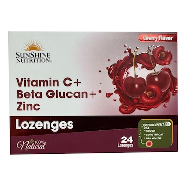 Sunshine Nutrition Vitamin C Plus Beta Glucan Plus Zinc Lozenges Cherry Flavour 24 Lozenges