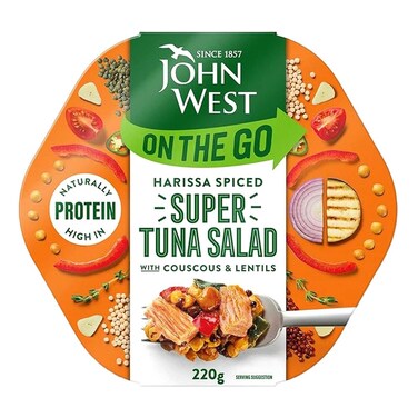 جون ويست سلطة تونة ممتازة متبلة بالهريسة مع الكسكس والعدس، 220 غرام