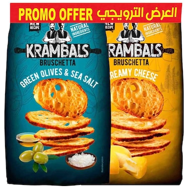 Krambals Bruschetta Special Offer Green Olives and Sea Salt and Creamy Cheese, 70g, Pack of 2