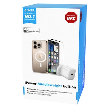 Anker iPower Middleweight Edition 312 Adapter Charger 20W with Screen Protector and MagGo Magnetic Protective Case Clear Bundle for Apple iPhone 16 Pro