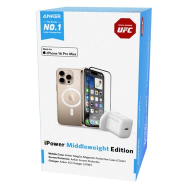Anker iPower Middleweight Edition 312 Adapter Charger 20W with Screen Protector and MagGo Magnetic Protective Case Clear Bundle for Apple iPhone 16 Pro Max