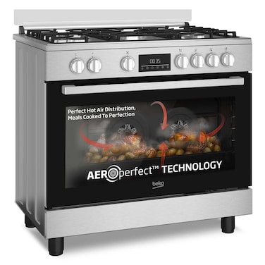 Beko 90x60cm Free Standing Combination Cooker(Gas Hob/Electric Oven), Full Safety, 4 High Efficiency Gas Burner(1 Wok),Air Fryer, BGTW 11227 EXA(Inox)