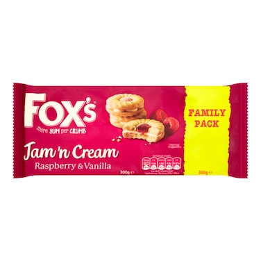 Fox's Jam 'n Cream Raspberry and Vanilla Biscuit Twin Family Pack 300g