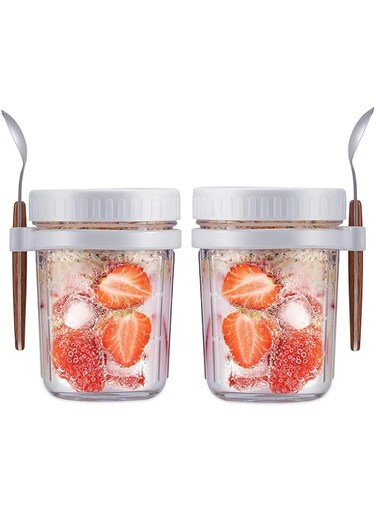 Overnight Oats Containers with Lid and Spoon Set of 2, Overnight Oats Jars 12 oz Large Capacity Airtight Oatmeal Container with Measurement Marks, (Whitex2)