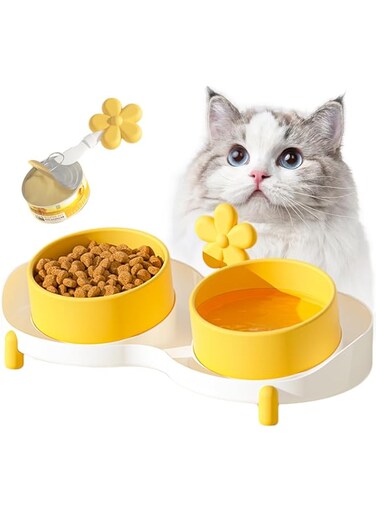 NeoStyle Ceramic Cat Bowl for Food and Water,Double Cat Feeding Bowl with Scraper, Tilted Food Feeding Dishes, Relieve Whisker Fatigue Anti Vomit Non-Slip Pet Raised Bowl (Yellow Flower)