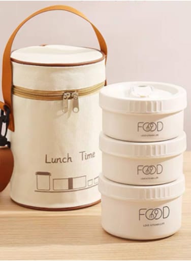 Stainless Steel Lunch Box Set 3 Pcs With Thermal Insulated Bag Colour White