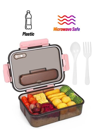 Lunch Box - 3 Compartment Lunch Containers, Food Grade Plastic Bento Box with Spoon and Fork, BPA Free, Leak Proof, Dishwasher Safe, Microwave Safe 1500ml (Pink)