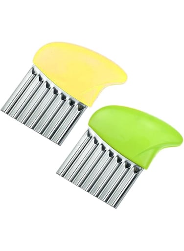Valuxe Crinkle Cut Tool, All-In-One Multifunctional Wavy Chopper Stainless Steel Tool Assistant, Suitable for Fruits Cutter French Fry Cutting Safe Kitchen Must Have Gadgets(2 PCS Yellow &amp; Green)