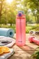 1000ml Frosted Water Bottle with Straw &ndash; Leakproof Reusable Sports Bottle with Carry Strap -Dark Pink