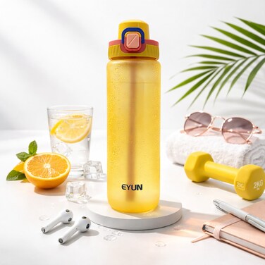 1000ml Frosted Water Bottle with Straw &ndash; Leakproof Reusable Sports Bottle with Carry Strap-Yellow