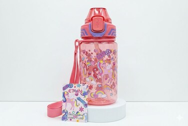 Kids Printed Water Bottle 550ML  Drinking Bottle with Flip Lock Lid and Carry Strap-Pink