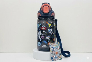 Kids Printed Water Bottle 550ML Drinking Bottle with Flip Lock Lid and Carry Strap-Black